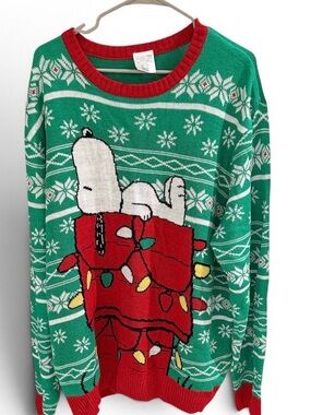 Peanuts Green & Red Snoopy Holiday Crewneck Sweater